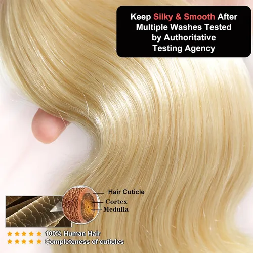 Vista 8 de Mechones de cabello humano 613, 14" 16" 18" 300g, 12A rubio ondulado, 100% cabello humano real, vida útil 3 veces más larga, 100% cabello virgen
