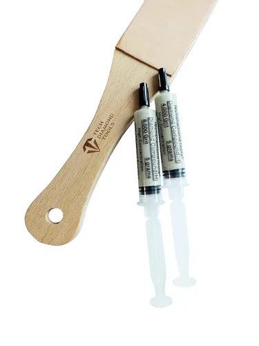 Vista 2 de TechDiamondTools Juego de palas de cuero de 11 pulgadas de largo para afilar cuchillos y dos compuestos de pulido de diamante con alta concentración