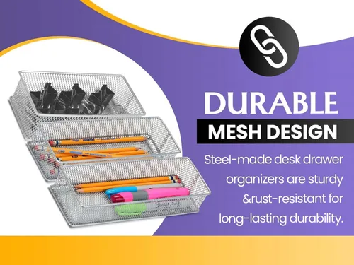 Vista 3 de YBM HOME Organizador de cajones de malla blanca para cajones y estantes, soporte para suministros escolares, cesta organizadora de escritorio