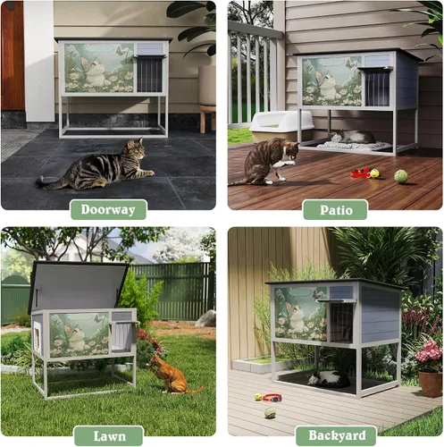 Vista 6 de Casa de madera elevada para gatos al aire libre, recinto resistente a la intemperie para gatos con techo que se abre, puerta cortada y puerta