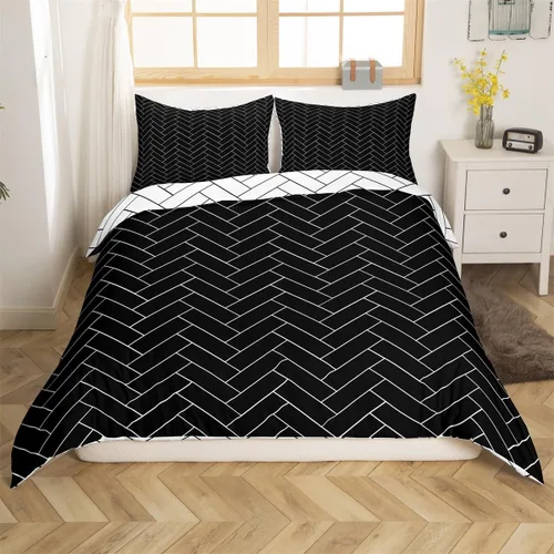 Vista 4 de Juego de funda de edredón geométrica negra Twin XL, juego de ropa de cama a rayas negras y blancas, moderno, suave, de lujo, de microfibra