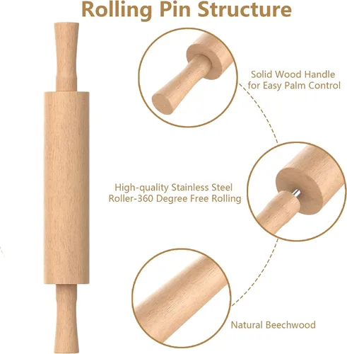 Vista 4 de Rodillo de madera, rodillo de masa de 17 pulgadas para hornear con 4 Beige
