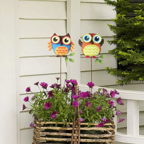 Vista 3 de Juego de 2 estacas de metal con diseño de atracción, decoración de búho para interiores y exteriores, decoración de búho para patio, césped, jardín