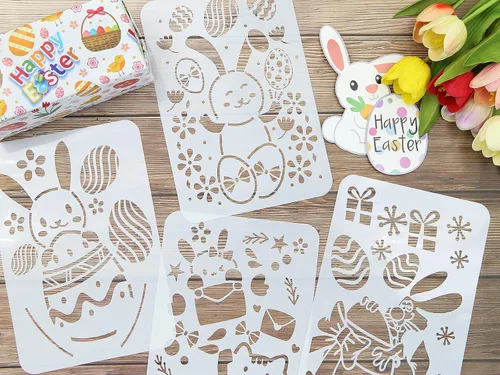 Vista 4 de Plantilla de plantillas de pintura de Pascua, 10 unidades, diseño de conejito de Pascua, huevo de gato, plantilla de pintura de plástico, plantillas