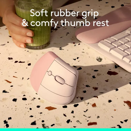 Vista 2 de Logitech Lift - Mouse óptico, ergonómico y vertical, uso inalámbrico, por Bluetooth o con receptor Logi Bolt USB, clics silenciosos, 4 botones, Rosa