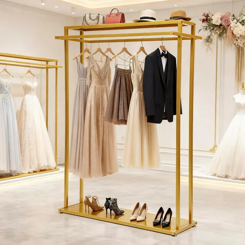Vista 13 de Estante de ropa de 71 pulgadas con estantes, estante para vestidos de boda, estante de exhibición de ropa al por menor, resistente comercial