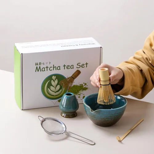 Vista 7 de Juego tradicional de ceremonia de té Matcha con cuenco de cerámica, batidor de bambú, soporte y colador, 5 piezas (azul)