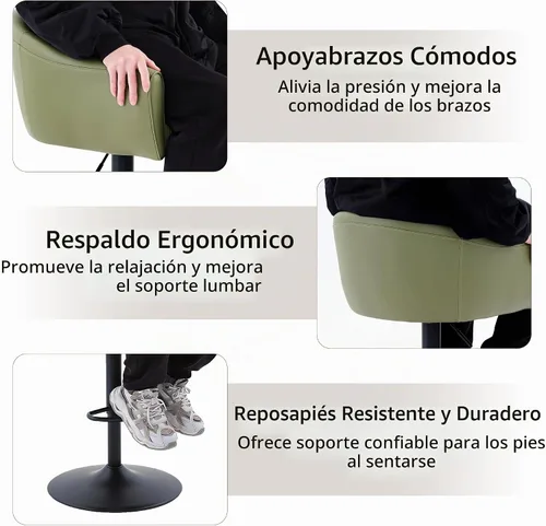Vista 6 de FIRAVOE Juego de 2 taburetes de bar, taburetes de bar giratorios con respaldo y brazos, silla de bar ajustable de piel sintética de 24 a 34