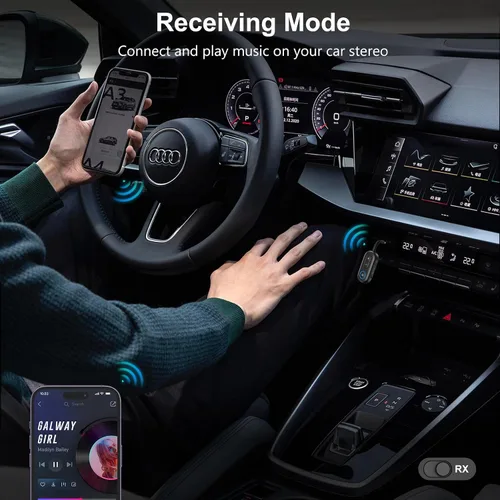 Vista 4 de Receptor transmisor Bluetooth 5.3 actualizado 2 en 1, adaptador Bluetooth para avión, baja latencia, manos libres, adaptador de audio auxiliar