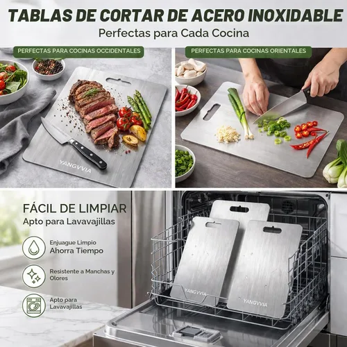 Vista 4 de Juego de 3 tablas de cortar de acero inoxidable de grado alimenticio 316L, tabla de cortar de doble cara para cocina, superficie de trabajo apta