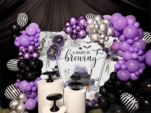 Vista 4 de Mocsicka Telón de fondo de Halloween para baby shower con texto en inglés "A Baby is Brewing Baby Shower Party Decoartion Ataúd Ataúd Vampiro