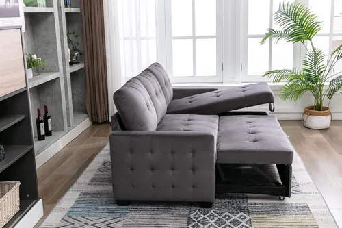 Vista 6 de Sofá cama modular reversible de 77 pulgadas, en forma de L, 2 asientos, con almacenamiento, tela de terciopelo con sensación de piel, color gris