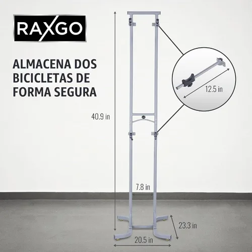 Vista 5 de RaxGo Estante de almacenamiento de garaje para bicicletas, soporte de piso de garaje para 2 bicicletas, independiente, ganchos ajustables