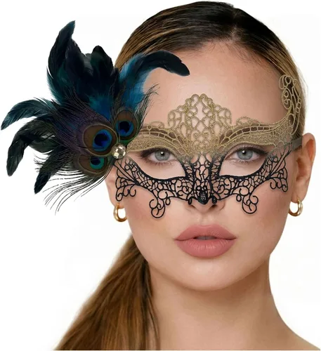 Vista 55 de Masquerade Mask For Women Lace Masquerade Mask for Masquerade Party, Proms, Venetian Party, Mardi Gras, Halloween & Cosplay Ana Bg Pluma de Pavo Real