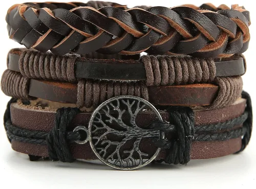 Vista 5 de HZMAN Pulseras de cuero genuino con diseño de árbol de la vida para hombres y mujeres, diseño de ojo de tigre, piedra natural, cuentas de roca