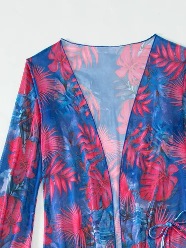 Vista 4 de WDIRARA Conjunto de 3 piezas para mujer, traje de baño de bikini con estampado halter y kimono largo