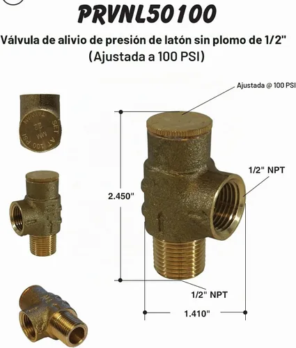 Vista 5 de Merrill PRVNL50100 Válvula de alivio de presión de latón sin plomo de 1/2 pulgada, válvula de seguridad ajustable de 100 PSI para pozo de agua fría