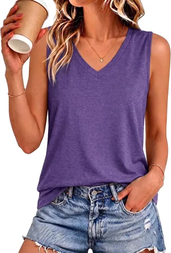 Vista 27 de Camisetas de verano para mujer, sin mangas, con cuello en V, ajuste holgado, casual, blusa tipo túnica Ab Cadetblue