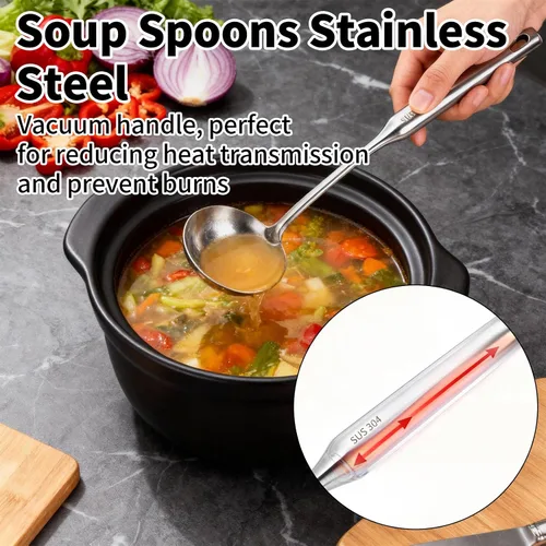 Vista 4 de TBWHL Cucharón de Sopa de Metal 34 cm de Acero Inoxidable 304 con Mango Largo - Cucharón de Cocina Profesional con Mango Ergonómico y Equilibrio
