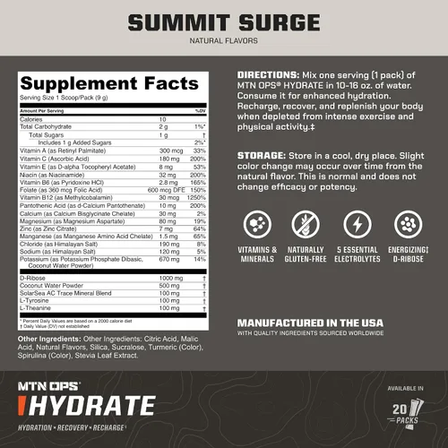 Vista 3 de MTN OPS Hydrate Electrolytes - Mezcla de bebida en polvo, 20 paquetes de electrolitos individuales para llevar con más de 1000 mg de electrolitos