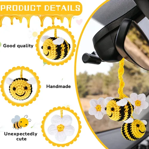 Vista 3 de 4 piezas de lindos accesorios para espejo retrovisor de abeja y flor, decoración de coche de ganchillo, accesorios para espejo de coche tejidos a