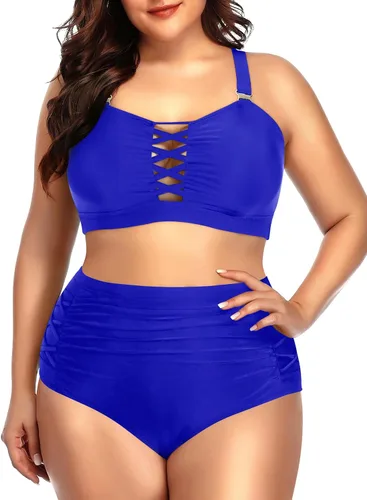 Vista 9 de Daci - Traje de baño de dos piezas para mujer, talla extragrande, cintura alta, fruncido, con cordones Negro