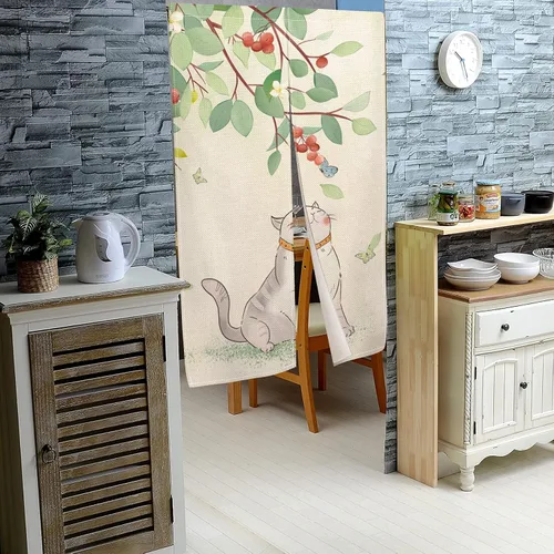 Vista 3 de Leowefowa Cortinas japonesas Noren para puerta, largas japonesas con estampado de gato gordo jugando árboles frutales, cortina para ventana, cortina