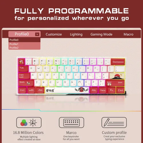 Vista 5 de XVX MK61 - Teclado 60%, inalámbricocon cable, mecánico, compacto, 61 teclas, recargable 2.4G, teclas completamente programables, retroiluminación