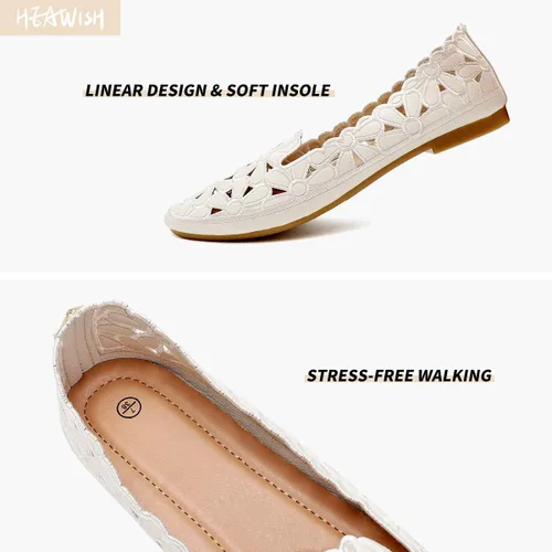Vista 5 de HEAWISH - Zapatos planos estilo ballet para mujer, con diseño floral, piel sintética, puntera redonda, calzado elegante, color negro y beige