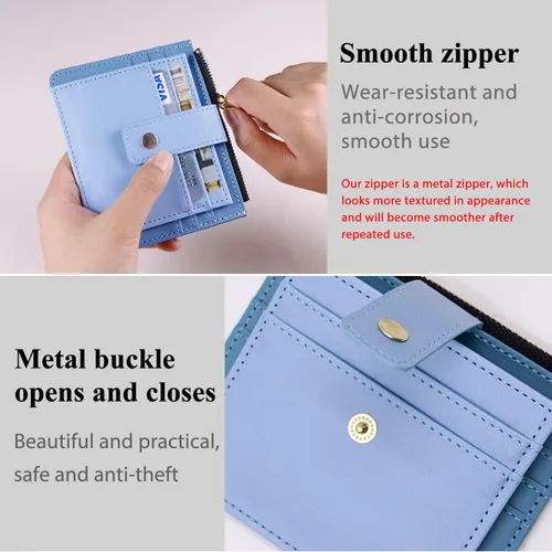 Vista 2 de Deziliao Funda delgada para tarjetas de crédito con bloqueo Rfid para mujer, cartera con cremallera, cartera pequeña y compacta de cuero
