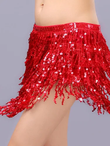 Vista 4 de OYOANGLE Women's Dance Skirt Sequin Tassel Multilayer Hip Scarf Adjustable Boho Style Belly Dance Skirts