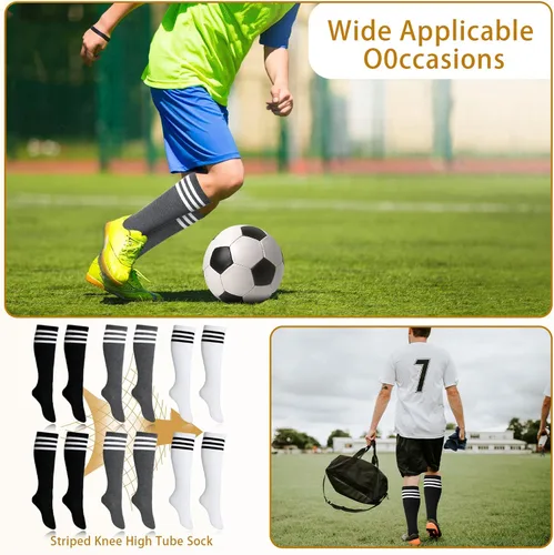 Vista 6 de SATINIOR 6 pares de calcetines de fútbol hasta la rodilla para jóvenes, tubo a rayas, calcetines largos de fútbol para niños, niñas, mujeres
