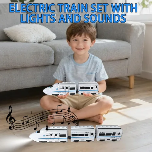 Vista 5 de OTONOPI Juego de tren de juguete, paquete de 5 tren eléctrico bala con luz y sonido, motor de locomotora de metro a pilas con gancho, juguete