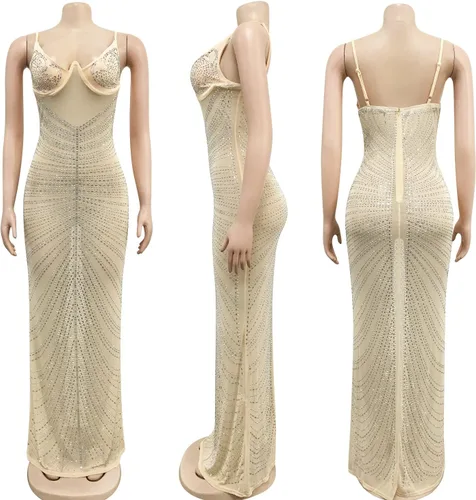 Vista 5 de PORRCEY Vestidos de noche para mujer, sexy, elegante, con diamantes de imitación, sin mangas, para fiesta, club, perforación en caliente