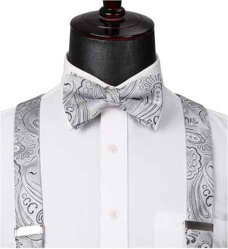 Vista 2 de HISDERN Tirantes para hombre Paisley Floral Pajarita Tirantes Bolsillo Cuadrado Conjuntos Ajustable Forma Y 6 Clips Tirantes de Boda