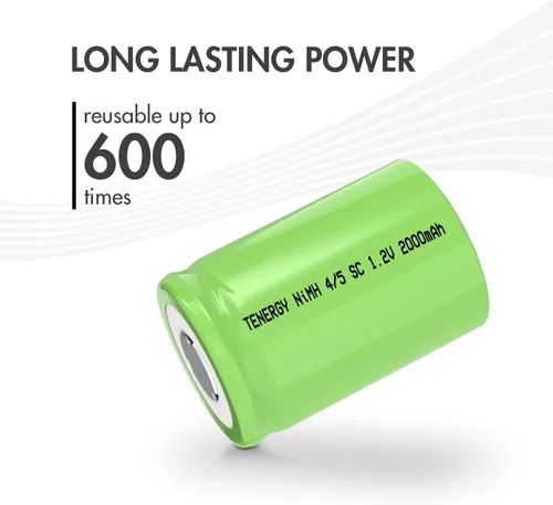 Vista 5 de Tenergy 4/5 SubC 2000mAh NiMH Baterías Recargables, Parte superior plana - Paquete de 25