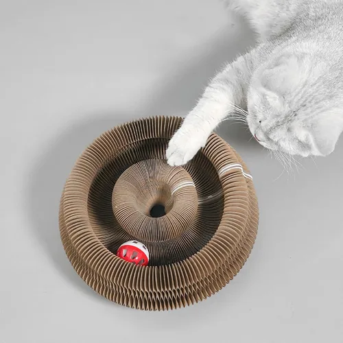 Vista 6 de Juguete para gatos de órgano mágico, cartón rascador interactivo con bola de campana, plegable y cambiable en forma de acordeón, juguete