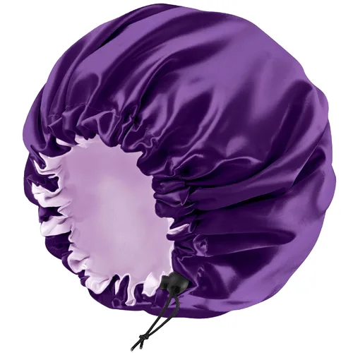 Vista 22 de Gorro de seda de satén para cabello rizado, gorro trenzado para dormir, para mujer, grande, doble capa ajustable (2 unidades, negro) Double Layer