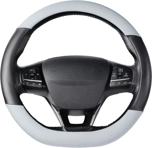 Vista 15 de SEG Direct Funda para volante de coche con fondo plano, forma D, 14 1/2-15 pulgadas (37-39 cm), cuero de microfibra negro