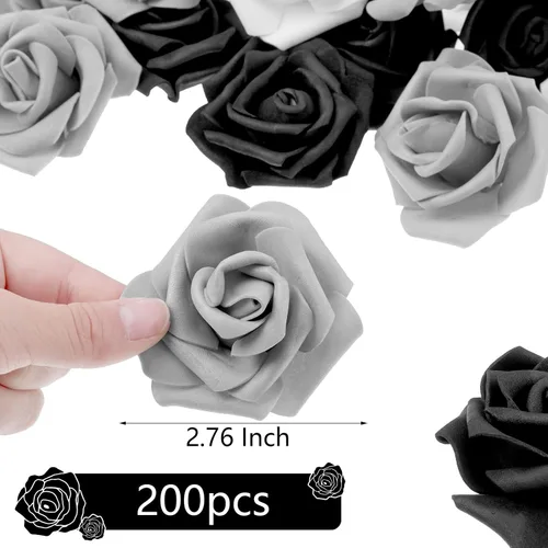 Vista 2 de Geosar - 200 cabezas de rosas de flores artificiales, 2.76 pulgadas, negro, blanco, gris