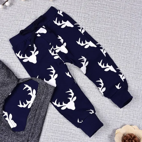 Vista 5 de Conjunto de 2 sudaderas con capucha con estampado de ciervo y bolsillo superior + pantalones largos a rayas para otoño