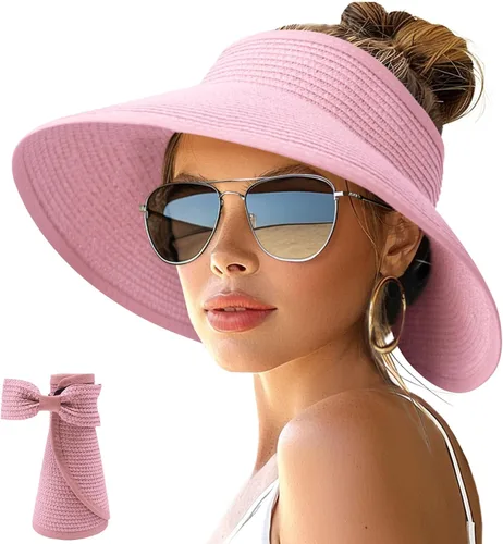 Vista 28 de NPJY Sun Hats for Women Wide Brim Roll-Up Ponytail Packable Straw Visor Blanco