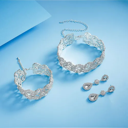 Vista 6 de Paxuan Gargantilla de boda con diamantes de imitación para mujer, collar y aretes, pulsera, cristal