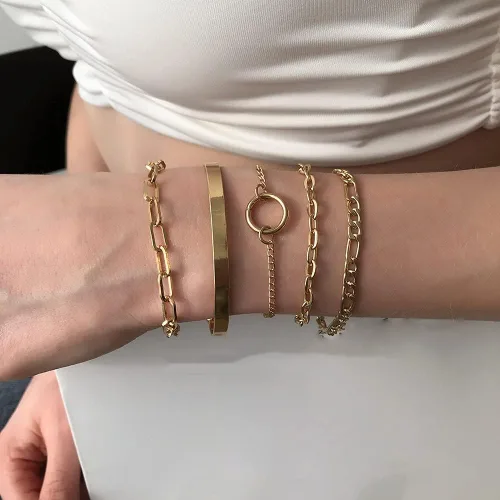 Vista 4 de Wiwpar 5 pulseras de eslabones de cadena para mujer, delicada pulsera cubana con clip para mujeres y niñas, aleación