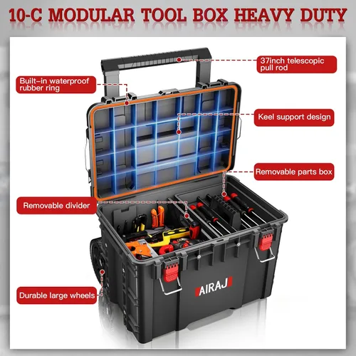Vista 6 de Caja de herramientas rodante con ruedas resistente, organizador modular apilable, caja de herramientas impermeable para herramientas manuales