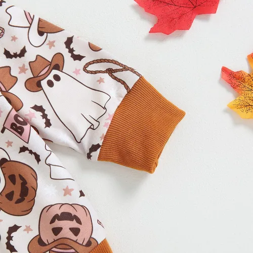 Vista 6 de Kayotuas Conjunto de camisa y pantalones de manga larga con cuello redondo para bebé, disfraz de calabaza, fantasma, calabaza, fantasma, camiseta