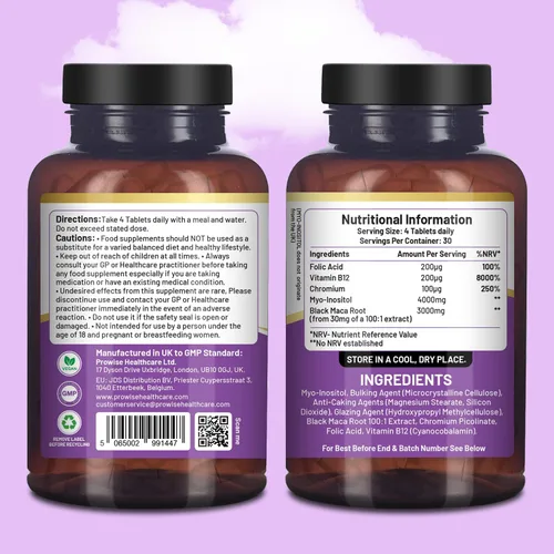 Vista 2 de Complejo de mio-inositol 120 tabletas veganas de 7000 mg por porción con raíz de maca negra, cromo, ácido fólico y vitamina B12 Balance hormonal