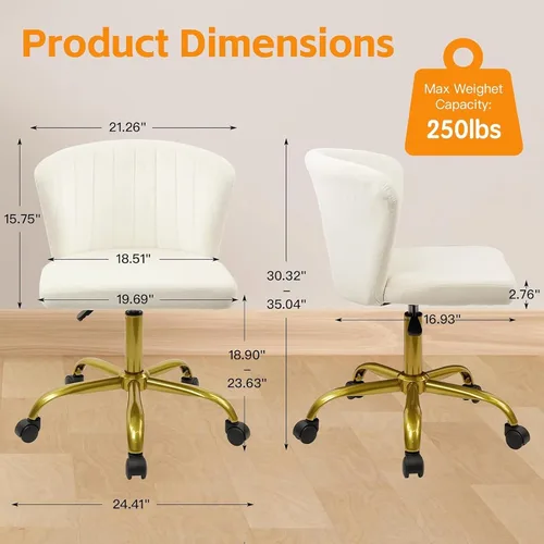 Vista 3 de CLATINA Silla de escritorio de oficina en casa, sillas de tocador de terciopelo, base dorada, ergonómica, pequeña, bonita, altura ajustable