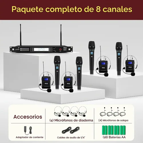 Vista 7 de [Usado] Pyle Sistema de micrófono inalámbrico UHF de 8 canales con 4 micrófonos de mano, 4 Lavalier y 4 micrófonos de auriculares, rango de 300 pies