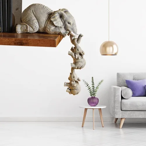 Vista 7 de Juego de 3 estatuas de elefante, resina para colgar 2 elefantes en el borde, escultura de elefantes de la suerte colgando del borde de un estante